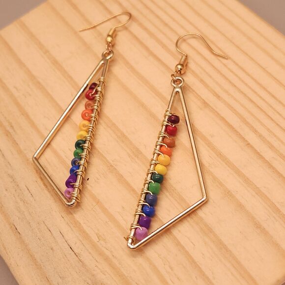 Triangle Earrings with Wire-Wrapped Rainbow Glass Beads - Picture 2 of 3